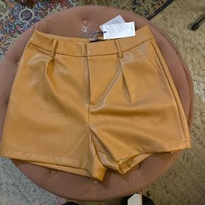 Tan Faux Leather Pleated Shorts